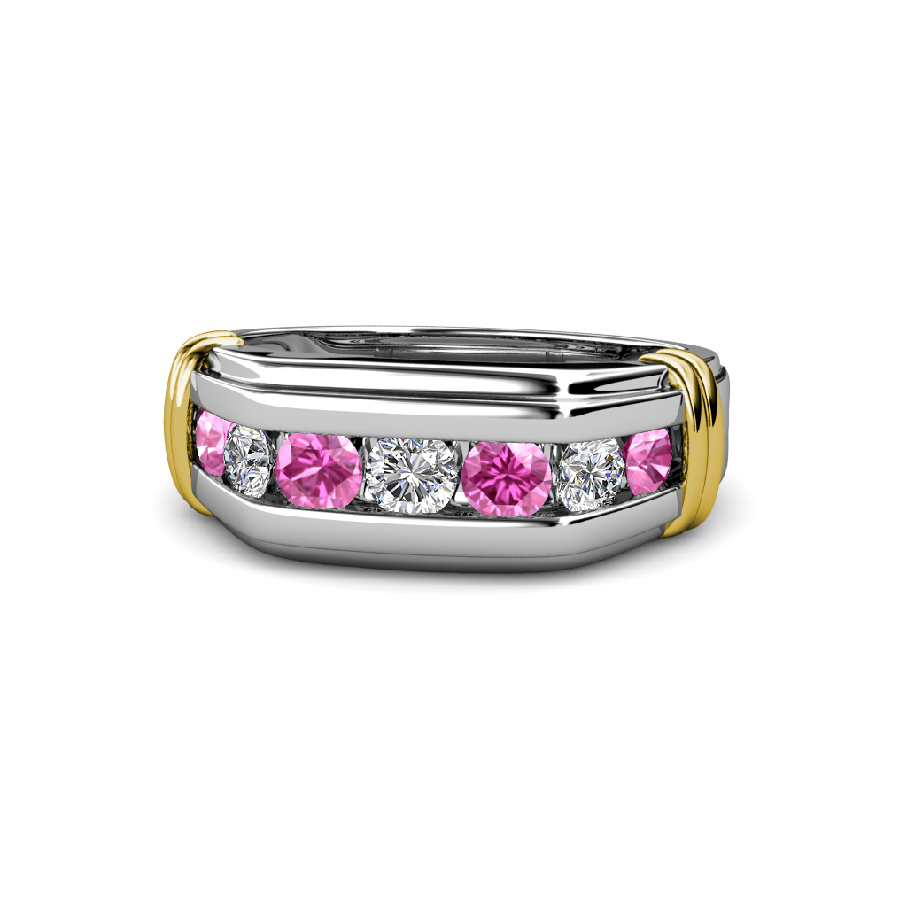 Brad Round Pink Sapphire and Diamond 7 Stone Men Wedding Ring (8.5 mm) 